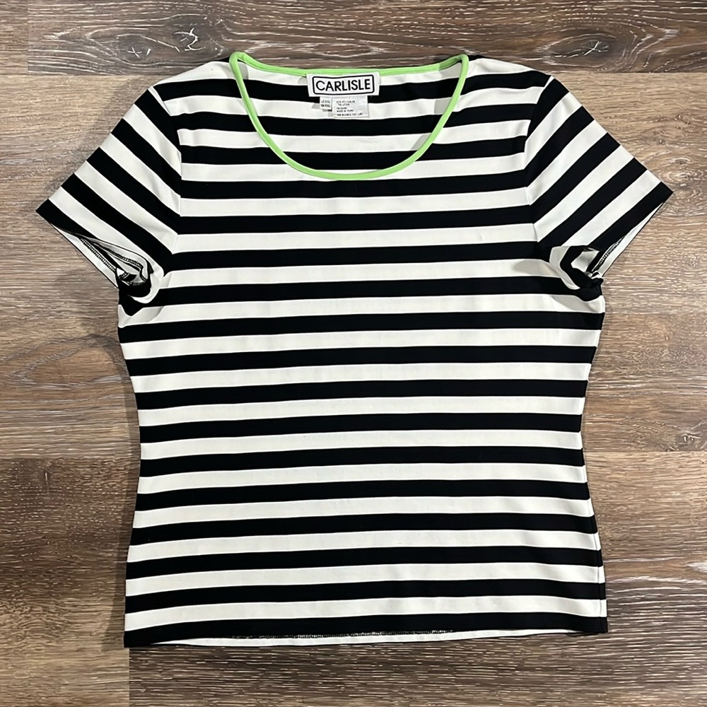 Vintage Women's Stretch Black & White Stripe Scoop Neck Tee w/ Mint Green Collar
